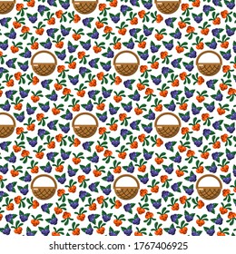 Patrón con bayas y cestas. Arándanos y lingonberry. Estilo plano. Ilustración del vector