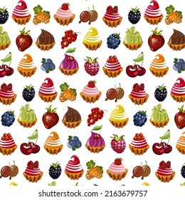 Pattern with berries and cakes.Seamless vector pattern with berries and cakes on a transparent background.