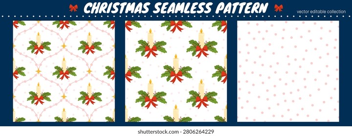 Pattern bg candles and pine branch christmas christmas toy tree. Vector cover for festive holiday design fir ornament. Bows and seamless background for winter or abstract drawing.