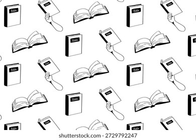 Pattern with Bible and Reading Hands in Hand Drawn Line doodle Art Style