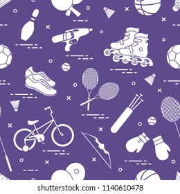 Pattern with bicycle, rollers, boxing gloves, water pistol and goods for bowling, table tennis, tennis, badminton, football, basketball, archery. Sports and healthy lifestyle from childhood.