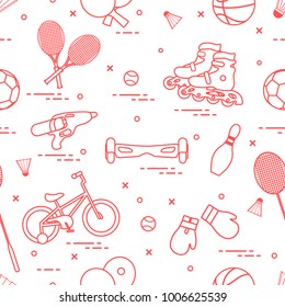 Pattern with bicycle, rollers, gyroscooter, boxing gloves, water pistol, and goods for bowling, table tennis, tennis, badminton, football, basketball. Sports and healthy lifestyle from childhood.
