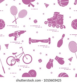 Pattern with bicycle, rollers, gyroscooter, boxing gloves, water pistol, and goods for bowling, table tennis, tennis, badminton, football, basketball. Sports and healthy lifestyle from childhood.