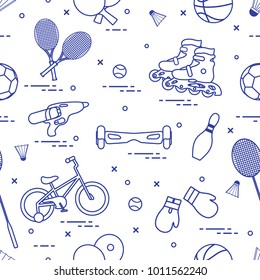 Pattern with bicycle, rollers, gyroscooter, boxing gloves, water pistol, and goods for bowling, table tennis, tennis, badminton, football, basketball. Sports and healthy lifestyle from childhood.