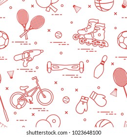 Pattern with bicycle, rollers, gyroscooter, boxing gloves, water pistol, and goods for bowling, table tennis, tennis, badminton, football, basketball. Sports and healthy lifestyle from childhood.