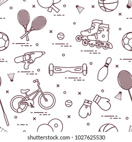 Pattern with bicycle, rollers, gyroscooter, boxing gloves, water pistol, and goods for bowling, table tennis, tennis, badminton, football, basketball. Sports and healthy lifestyle from childhood.
