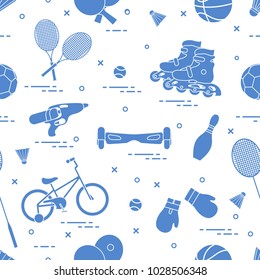 Pattern with bicycle, rollers, gyroscooter, boxing gloves, water pistol, and goods for bowling, table tennis, tennis, badminton, football, basketball. Sports and healthy lifestyle from childhood.
