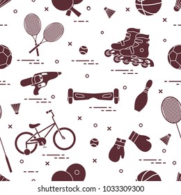 Pattern with bicycle, rollers, gyroscooter, boxing gloves, water pistol, and goods for bowling, table tennis, tennis, badminton, football, basketball. Sports and healthy lifestyle from childhood.