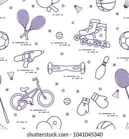 Pattern with bicycle, rollers, gyroscooter, boxing gloves, water pistol, and goods for bowling, table tennis, tennis, badminton, football, basketball. Sports and healthy lifestyle from childhood.