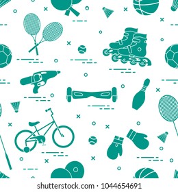 Pattern with bicycle, rollers, gyroscooter, boxing gloves, water pistol, and goods for bowling, table tennis, tennis, badminton, football, basketball. Sports and healthy lifestyle from childhood.