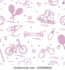 Pattern with bicycle, rollers, gyroscooter, boxing gloves, water pistol, and goods for bowling, table tennis, tennis, badminton, football, basketball. Sports and healthy lifestyle from childhood.
