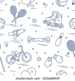 Pattern with bicycle, rollers, gyroscooter, boxing gloves, water pistol, and goods for bowling, table tennis, tennis, badminton, football, basketball. Sports and healthy lifestyle from childhood.
