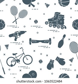 Pattern with bicycle, rollers, gyroscooter, boxing gloves, water pistol, and goods for bowling, table tennis, tennis, badminton, football, basketball. Sports and healthy lifestyle from childhood.