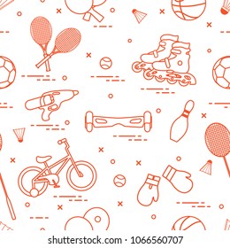 Pattern with bicycle, rollers, gyroscooter, boxing gloves, water pistol, and goods for bowling, table tennis, tennis, badminton, football, basketball. Sports and healthy lifestyle from childhood.