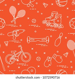 Pattern with bicycle, rollers, gyroscooter, boxing gloves, water pistol, and goods for bowling, table tennis, tennis, badminton, football, basketball. Sports and healthy lifestyle from childhood.