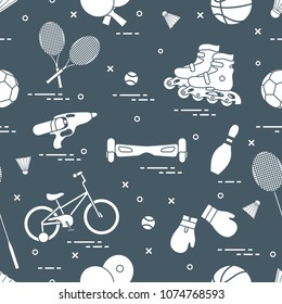 Pattern with bicycle, rollers, gyroscooter, boxing gloves, water pistol, and goods for bowling, table tennis, tennis, badminton, football, basketball. Sports and healthy lifestyle from childhood.