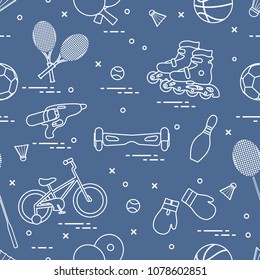 Pattern with bicycle, rollers, gyroscooter, boxing gloves, water pistol, and goods for bowling, table tennis, tennis, badminton, football, basketball. Sports and healthy lifestyle from childhood.