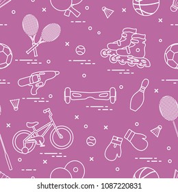 Pattern with bicycle, rollers, gyroscooter, boxing gloves, water pistol, and goods for bowling, table tennis, tennis, badminton, football, basketball. Sports and healthy lifestyle from childhood.