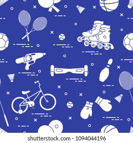 Pattern with bicycle, rollers, gyroscooter, boxing gloves, water pistol, and goods for bowling, table tennis, tennis, badminton, football, basketball. Sports and healthy lifestyle from childhood.