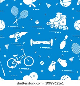 Pattern with bicycle, rollers, gyroscooter, boxing gloves, water pistol, and goods for bowling, table tennis, tennis, badminton, football, basketball. Sports and healthy lifestyle from childhood.