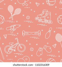 Pattern with bicycle, rollers, gyroscooter, boxing gloves, water pistol, and goods for bowling, table tennis, tennis, badminton, football, basketball. Sports and healthy lifestyle from childhood.