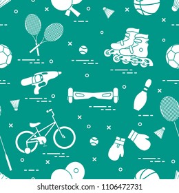 Pattern with bicycle, rollers, gyroscooter, boxing gloves, water pistol, and goods for bowling, table tennis, tennis, badminton, football, basketball. Sports and healthy lifestyle from childhood.