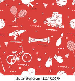 Pattern with bicycle, rollers, gyroscooter, boxing gloves, water pistol, and goods for bowling, table tennis, tennis, badminton, football, basketball. Sports and healthy lifestyle from childhood.