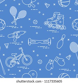 Pattern with bicycle, rollers, gyroscooter, boxing gloves, water pistol, and goods for bowling, table tennis, tennis, badminton, football, basketball. Sports and healthy lifestyle from childhood.