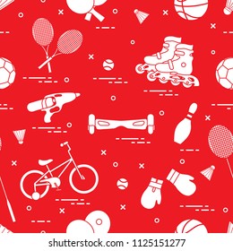 Pattern with bicycle, rollers, gyroscooter, boxing gloves, water pistol, and goods for bowling, table tennis, tennis, badminton, football, basketball. Sports and healthy lifestyle from childhood.