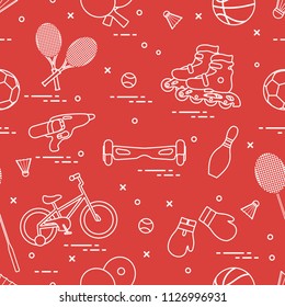 Pattern with bicycle, rollers, gyroscooter, boxing gloves, water pistol, and goods for bowling, table tennis, tennis, badminton, football, basketball. Sports and healthy lifestyle from childhood.