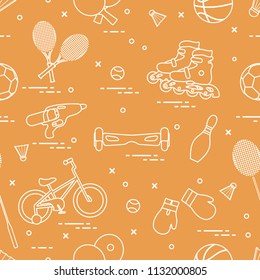 Pattern with bicycle, rollers, gyroscooter, boxing gloves, water pistol, and goods for bowling, table tennis, tennis, badminton, football, basketball. Sports and healthy lifestyle from childhood.