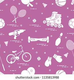 Pattern with bicycle, rollers, gyroscooter, boxing gloves, water pistol, and goods for bowling, table tennis, tennis, badminton, football, basketball. Sports and healthy lifestyle from childhood.