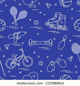 Pattern with bicycle, rollers, gyroscooter, boxing gloves, water pistol, and goods for bowling, table tennis, tennis, badminton, football, basketball. Sports and healthy lifestyle from childhood.