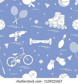 Pattern with bicycle, rollers, gyroscooter, boxing gloves, water pistol, and goods for bowling, table tennis, tennis, badminton, football, basketball. Sports and healthy lifestyle from childhood.