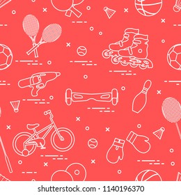 Pattern with bicycle, rollers, gyroscooter, boxing gloves, water pistol, and goods for bowling, table tennis, tennis, badminton, football, basketball. Sports and healthy lifestyle from childhood.