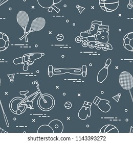 Pattern with bicycle, rollers, gyroscooter, boxing gloves, water pistol, and goods for bowling, table tennis, tennis, badminton, football, basketball. Sports and healthy lifestyle from childhood.
