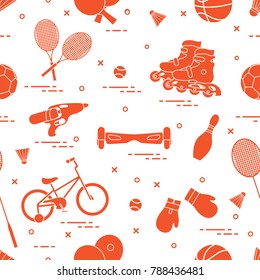 Pattern with bicycle, rollers, gyroscooter, boxing gloves, water pistol, and goods for bowling, table tennis, tennis, badminton, football, basketball. Sports and healthy lifestyle from childhood.