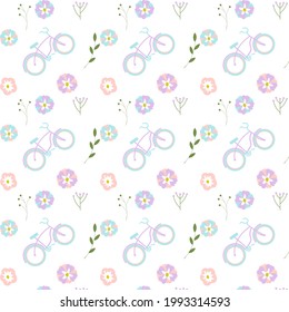 pattern of bicycles and flowers on a white background