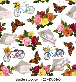 Pattern with bicycles and flowers.Bouquets of flowers, bicycles and butterflies on a transparent background in a vector pattern.