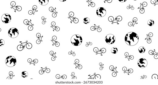 Un patrón de bicicletas y globos esparcidos sobre un fondo blanco.