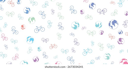 Un patrón de bicicletas y globos terráqueos está esparcido sobre un fondo blanco.
