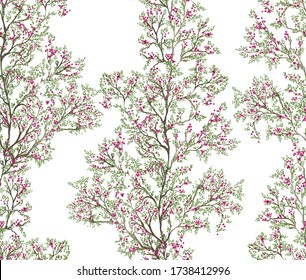 Pattern with big green tree with brunches with green leaves and small flowers