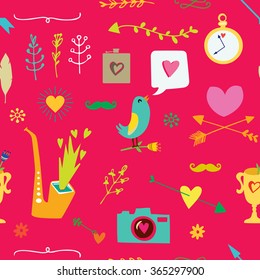 Pattern with big hearts, arrows and other holidays elements. Vector illustration.