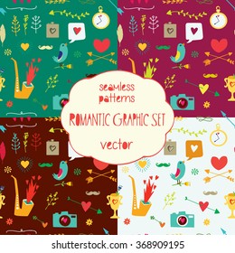 Pattern with big hearts, arrows and other holidays elements. Vector illustration.