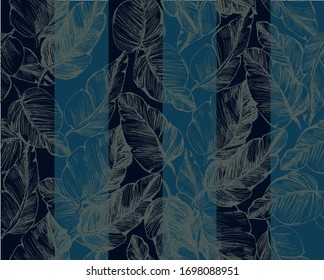 Pattern with big leaves with classic stripe dark green and blue color