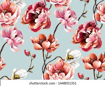 Pattern with big peony, bright flowers, bouquet on blue background 