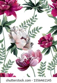 Pattern with big peony with green leaves, botanic flower.