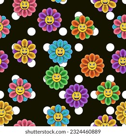Pattern with big polka dot ornament, colorful chamomile flower with emoji on black background. Simple, conspicuous, fashionable bright illustration. For prints, clothing, surface design.