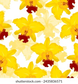 Pattern with big polka dot ornament, cattleya orchids of various size on black background. Simple, conspicuous, fashionable bright illustration. For prints, clothing, surface design.