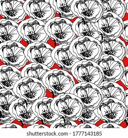 Pattern with big poppy, red flower, wild plants. Background for children and adults with a red delicate poppy at different angles. manual graphics. isolate. For textile, wallpaper, design, packaging.